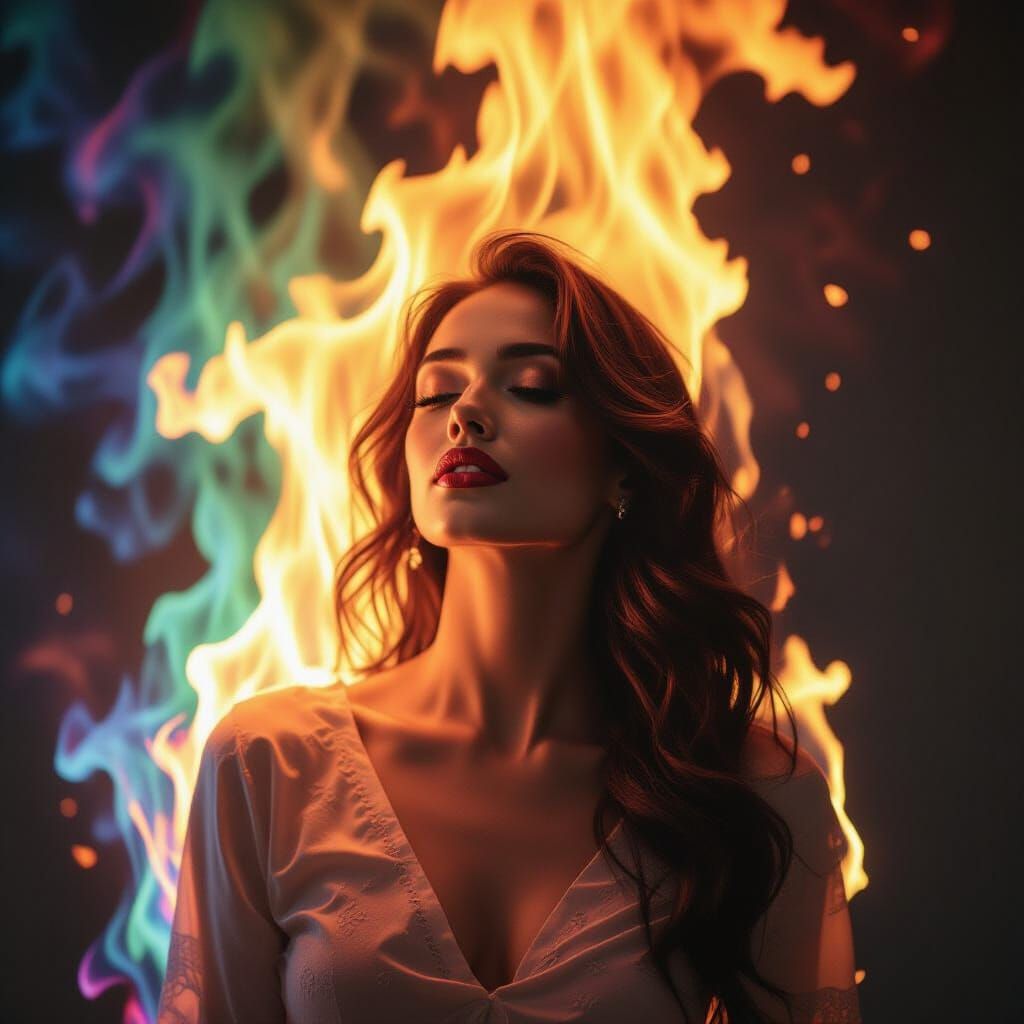 Woman Engulfed in Rainbow Flames Cinematic Masterpiece