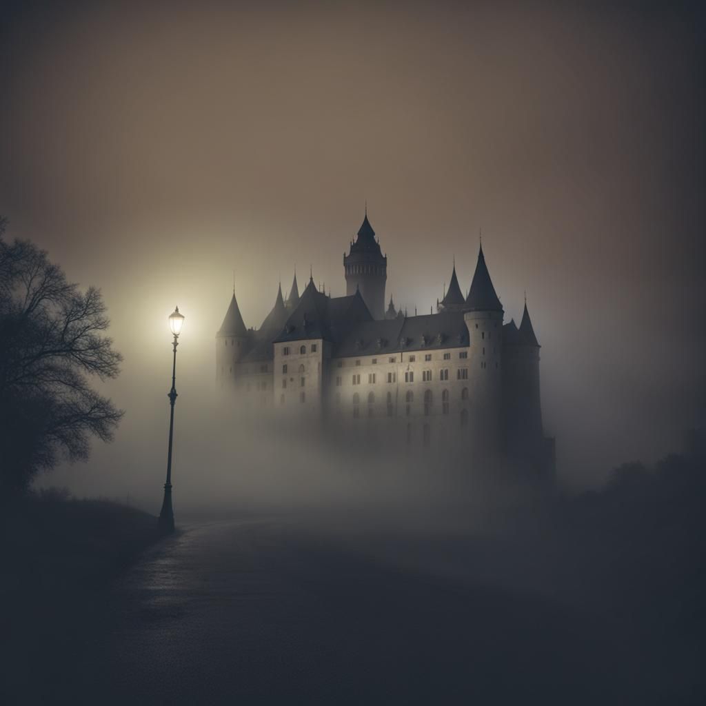 Creepy Hungarian Castle at Night in Mist