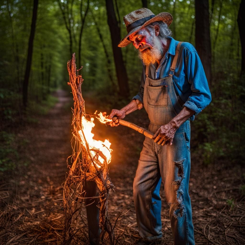 Appalachian Man with Fiery Torch by Blood Moon
