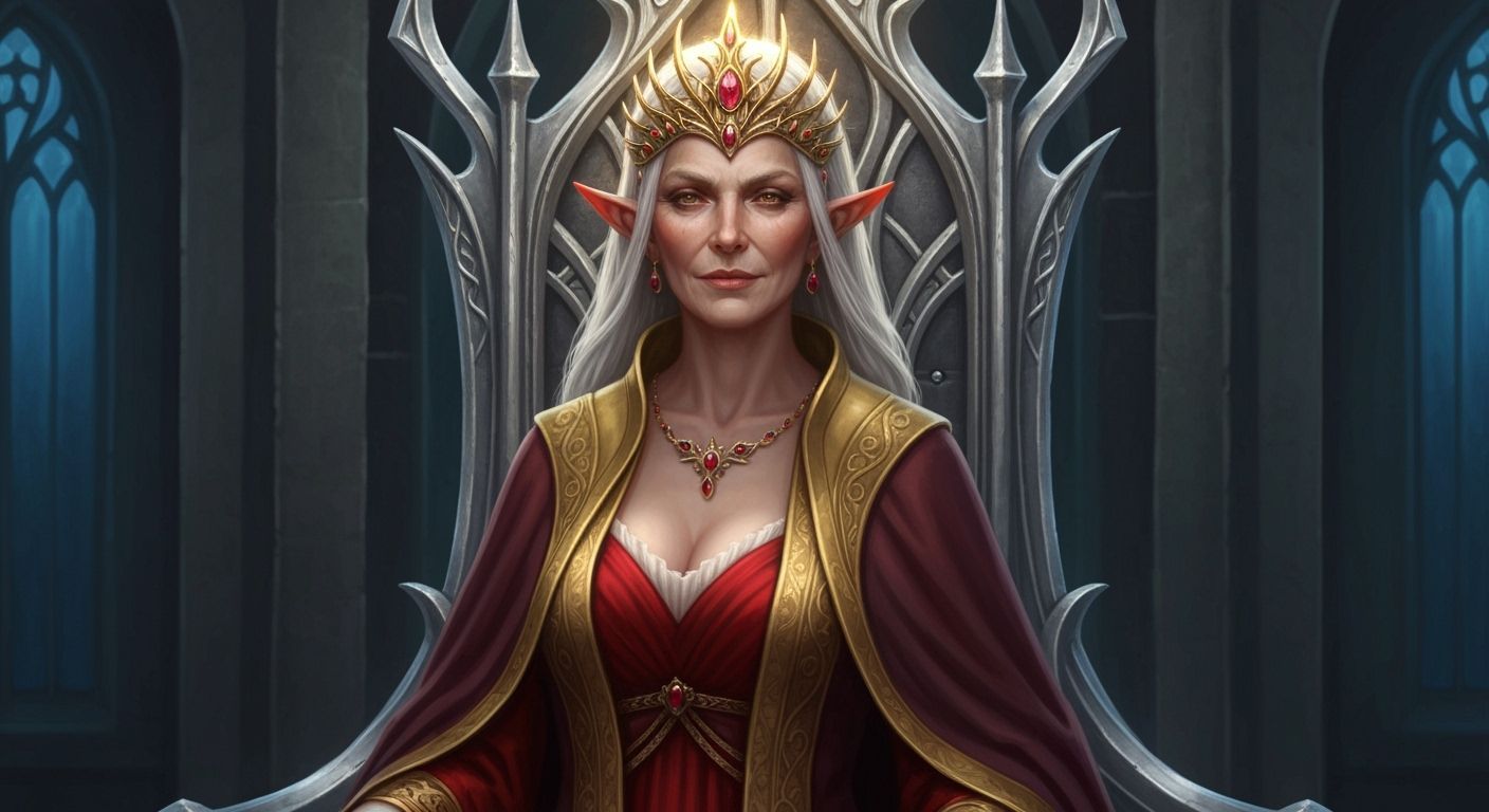 Regal Elf Queen with Gemstone Tiara Before Majestic Throne