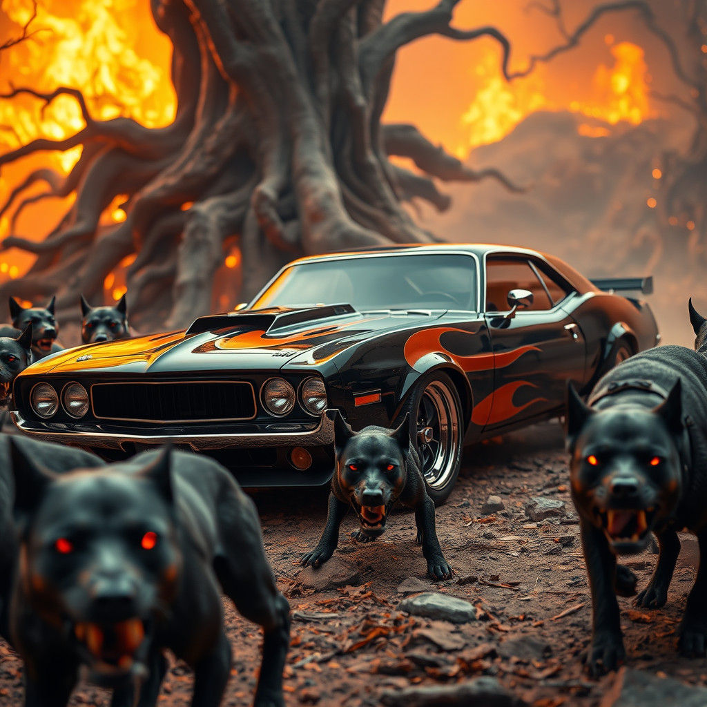 Hellish Muscle Car Surrounded by Demons