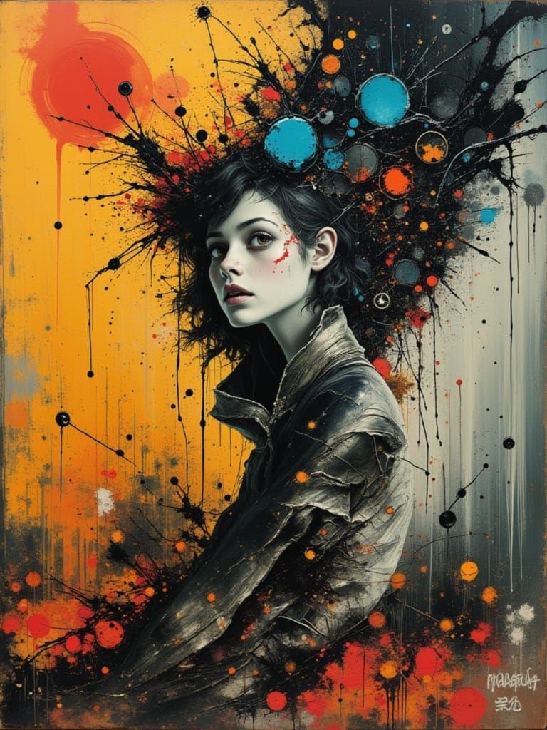 Varga Woman with Digital Decay and Abstract Brushstrokes