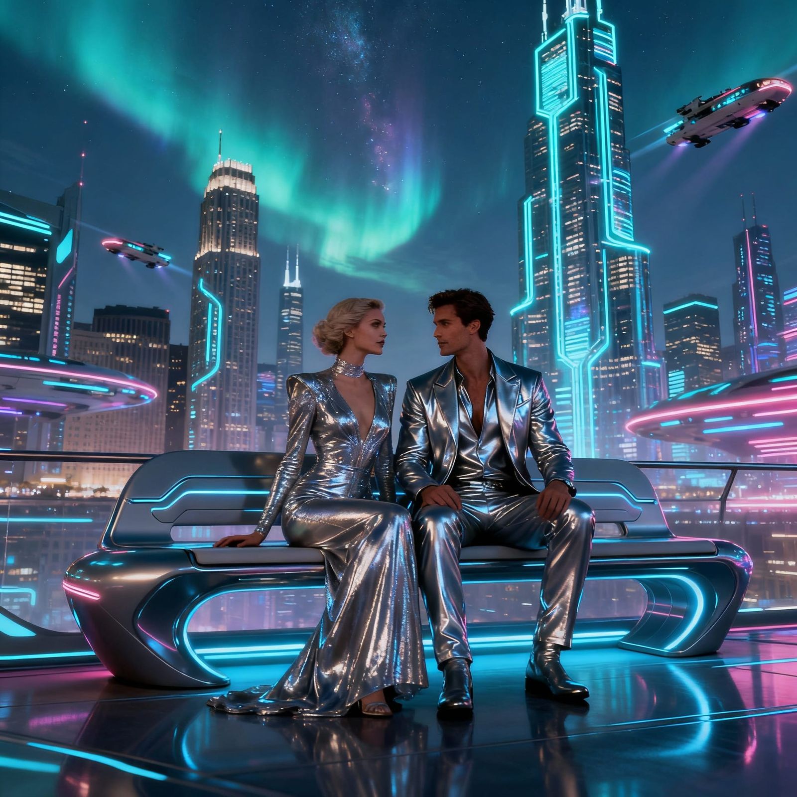 Futuristic Couple on Bench in 2100 Chicago