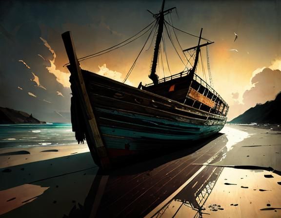 Abandoned Boat Hull on Beach, Pascal Campion Style