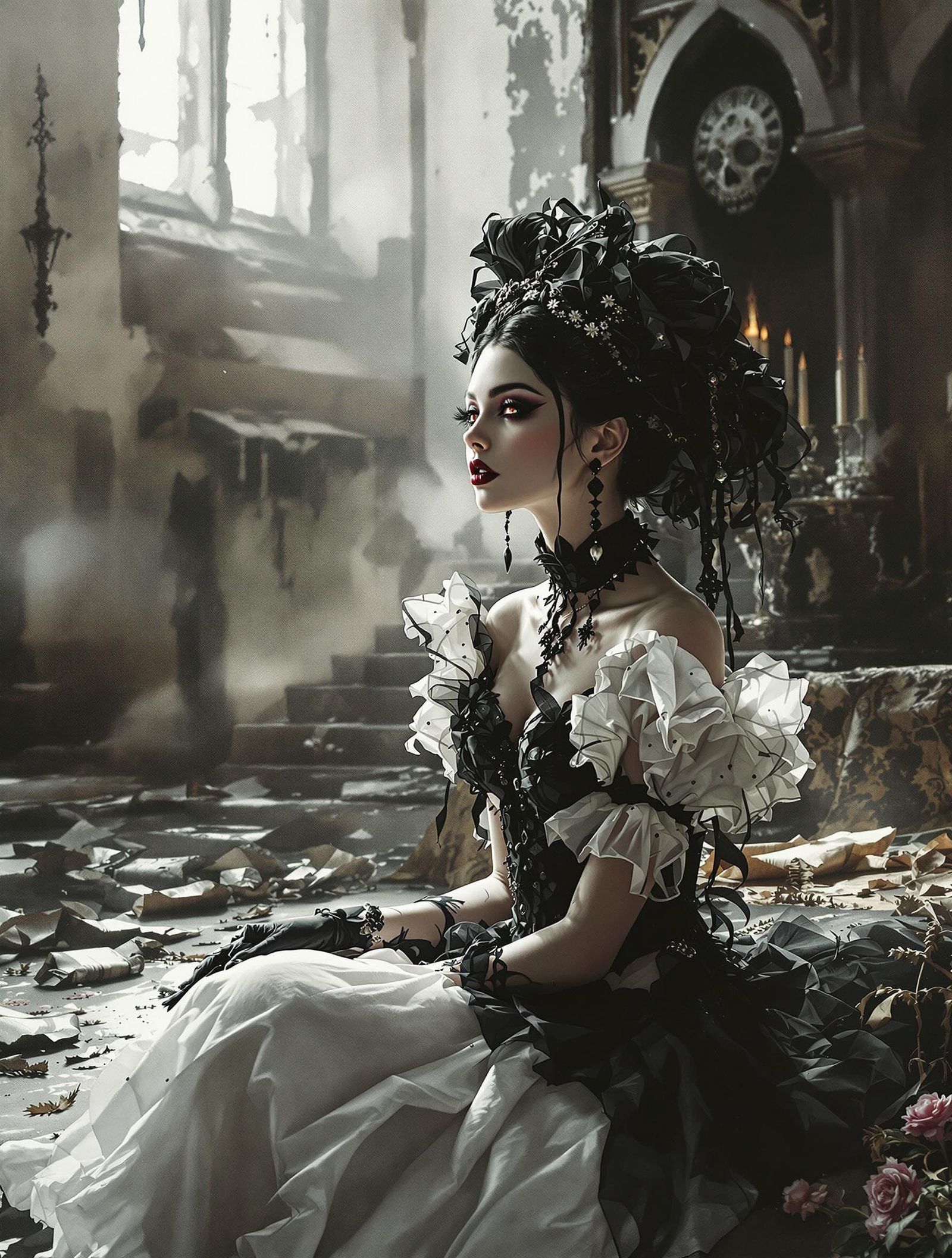 Gothic Woman in Dilapidated Church: Dark Fantasy Realism