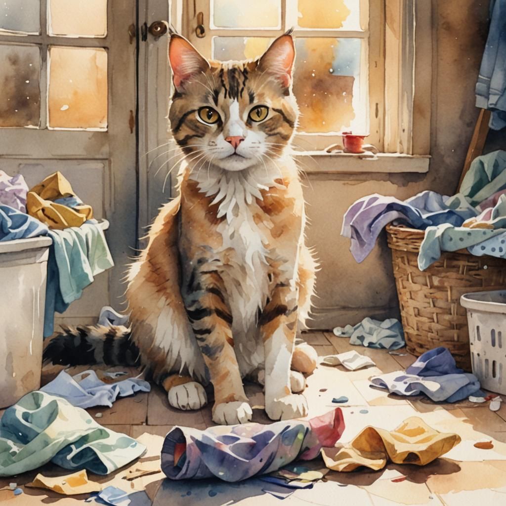 Whimsical Cat Holds Lost Sock in Cozy Laundry Scene