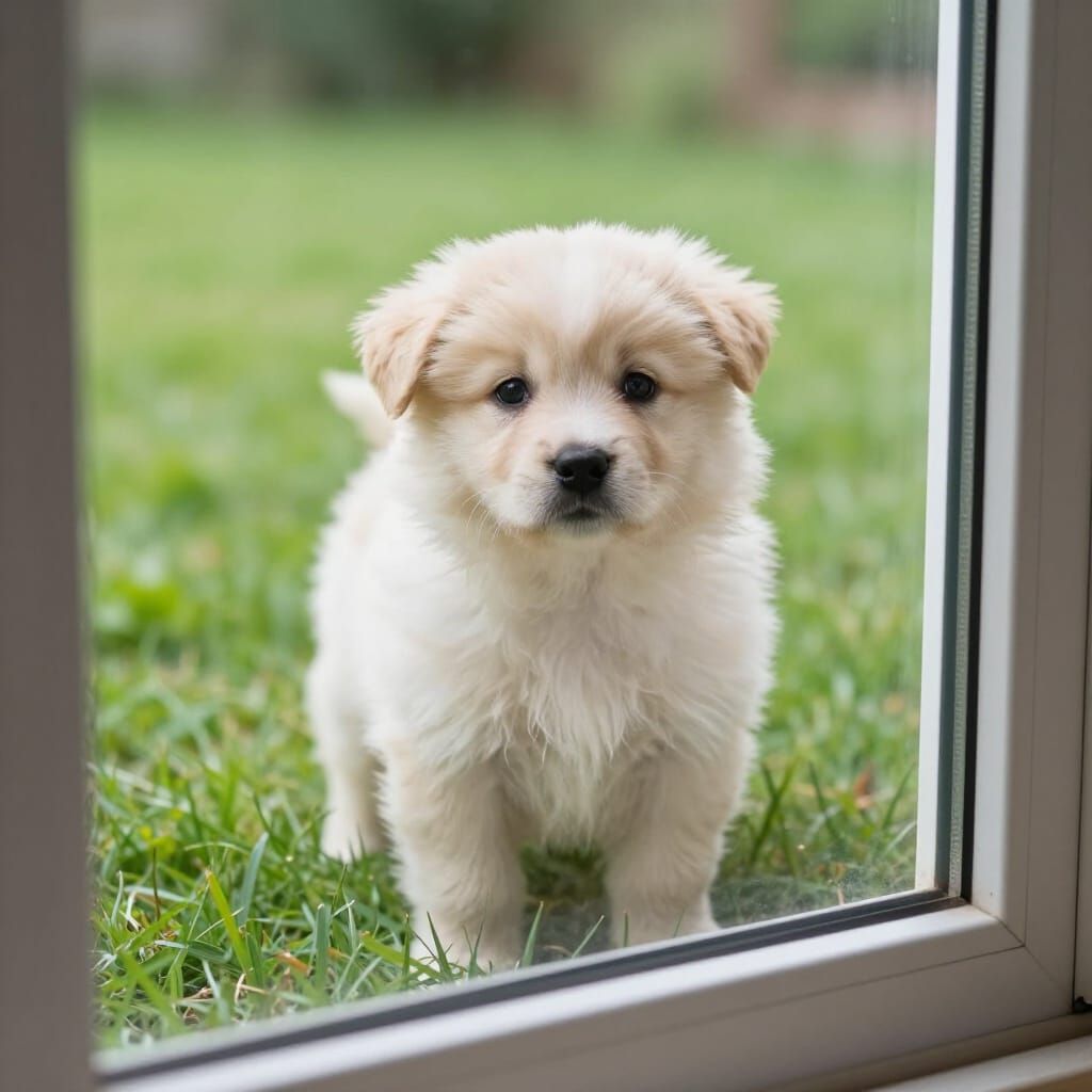 Cute Fluffy Puppy Waits at Glass Door