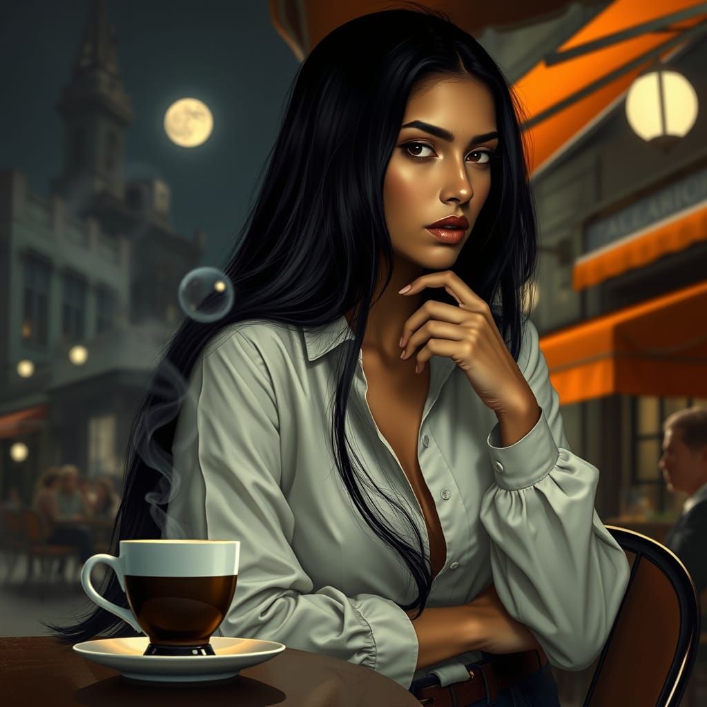 Enigmatic East-Indian Woman in a Timeless Café Setting