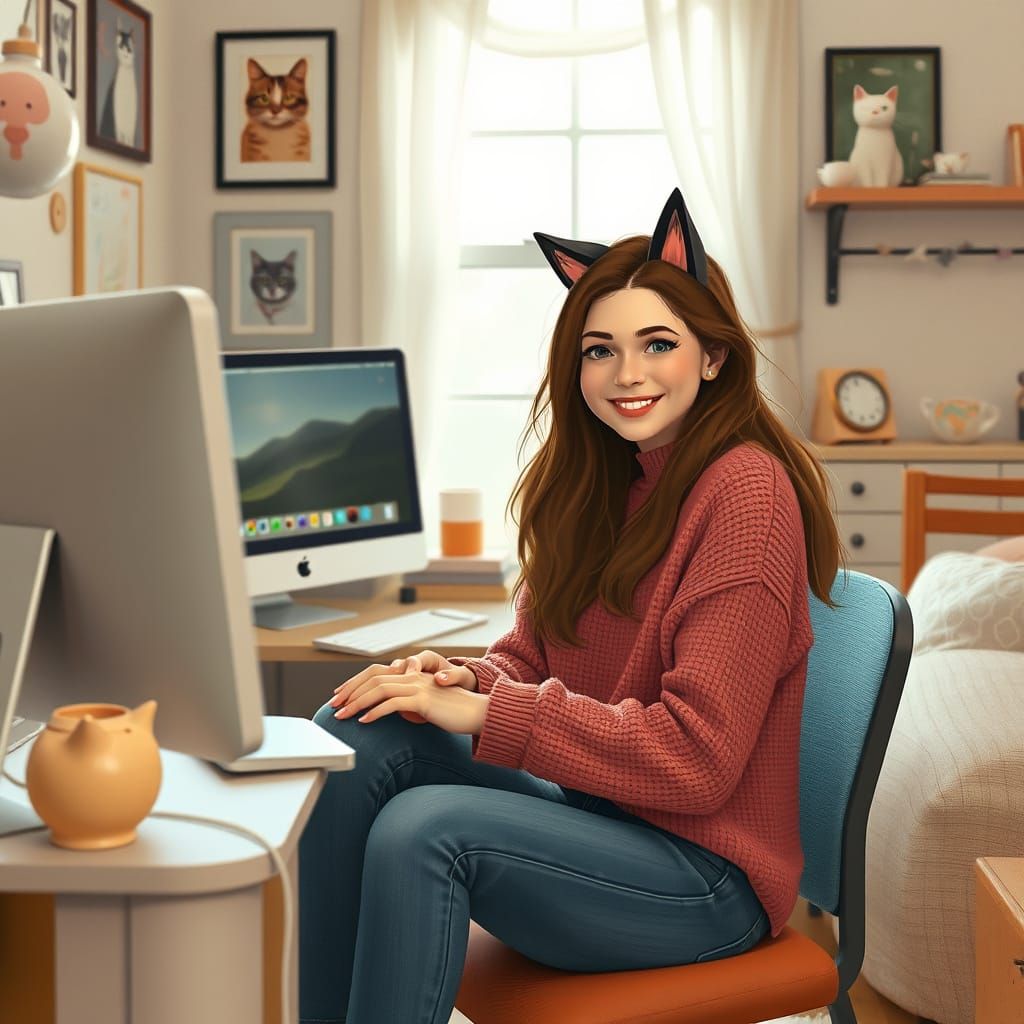 Lila in Her Apartment, Cat Decor, Playful Style