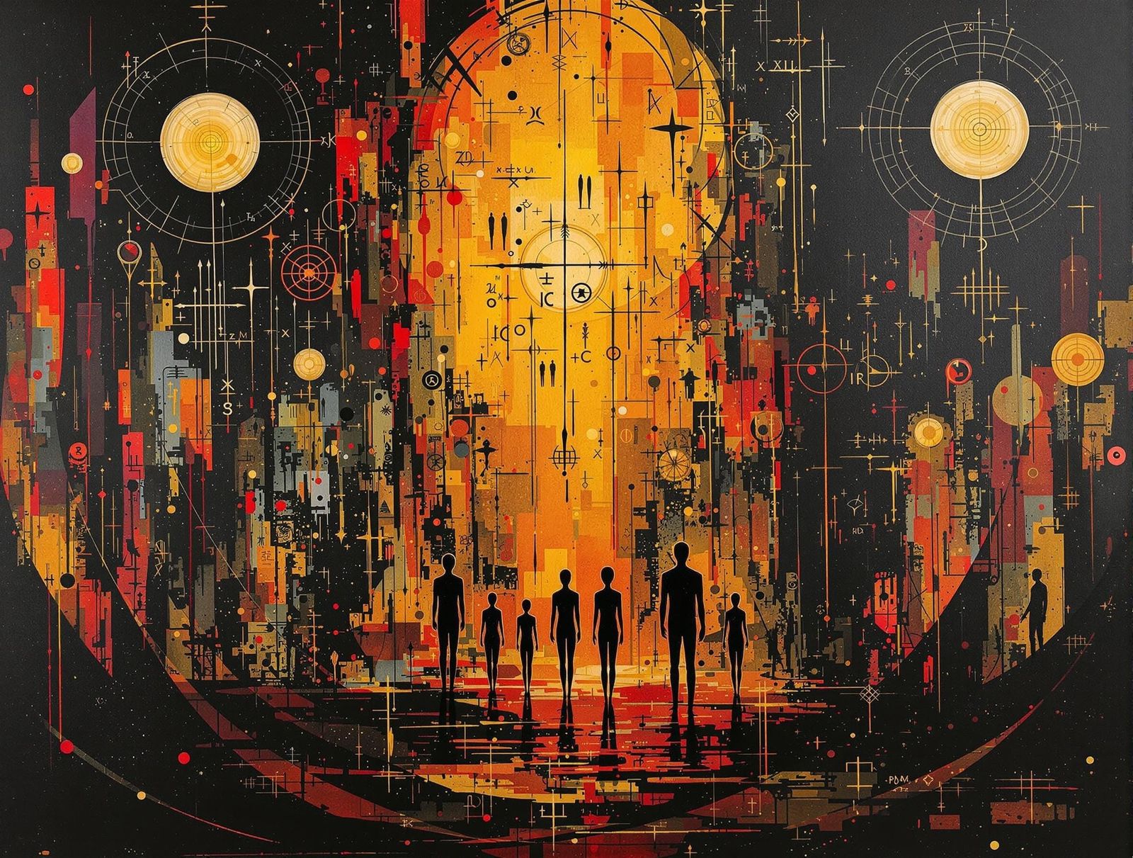 Abstract Expressionist Figures in Dark Outfits