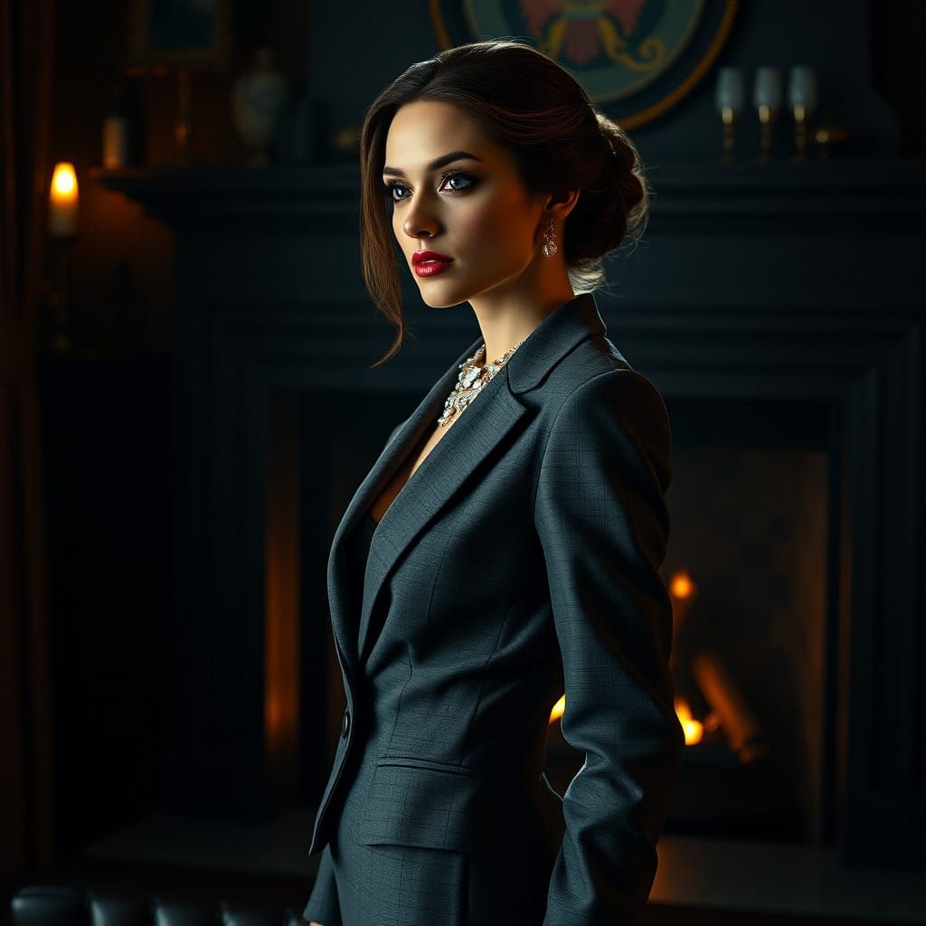 Enigmatic Woman in Gray Business Skirt Suit, Elegance and My...