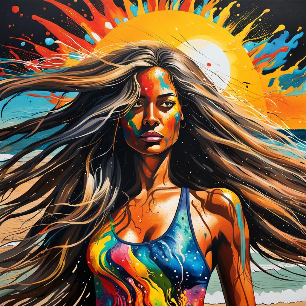 Colorful Street Art of Woman on Beach