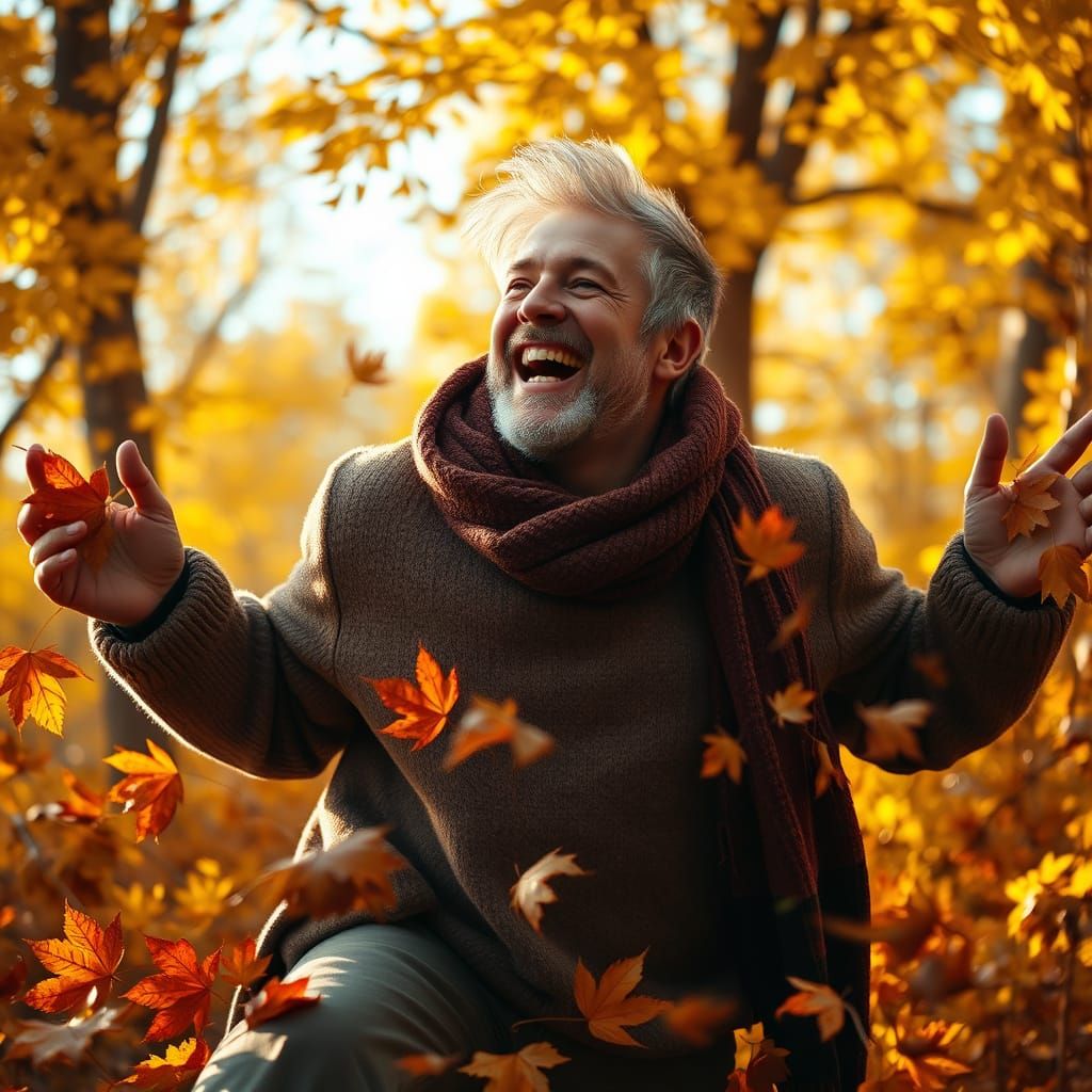 Man Jumps into Autumn Leaves as Digital Art