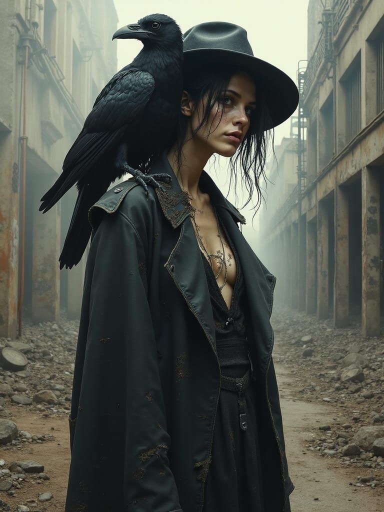 Dieselpunk Woman with Crow in Ruined Factory