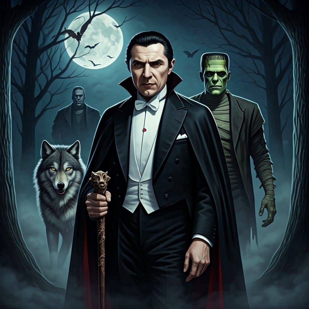 Dracula in his tux with the cloak carrying a bronze wolf's head carved walking cane in his hand at Night in a foggy Tran...