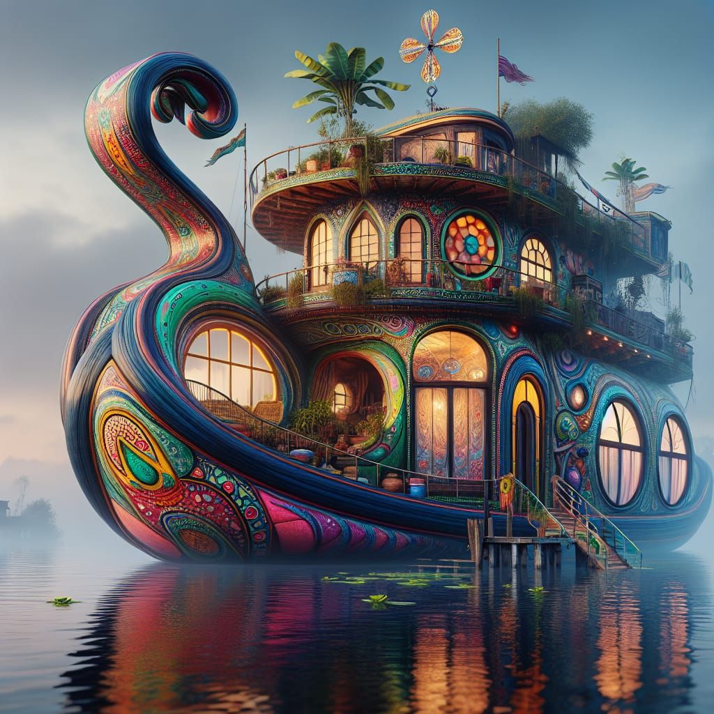 Colorful Houseboat on Water with Mystical Ambiance