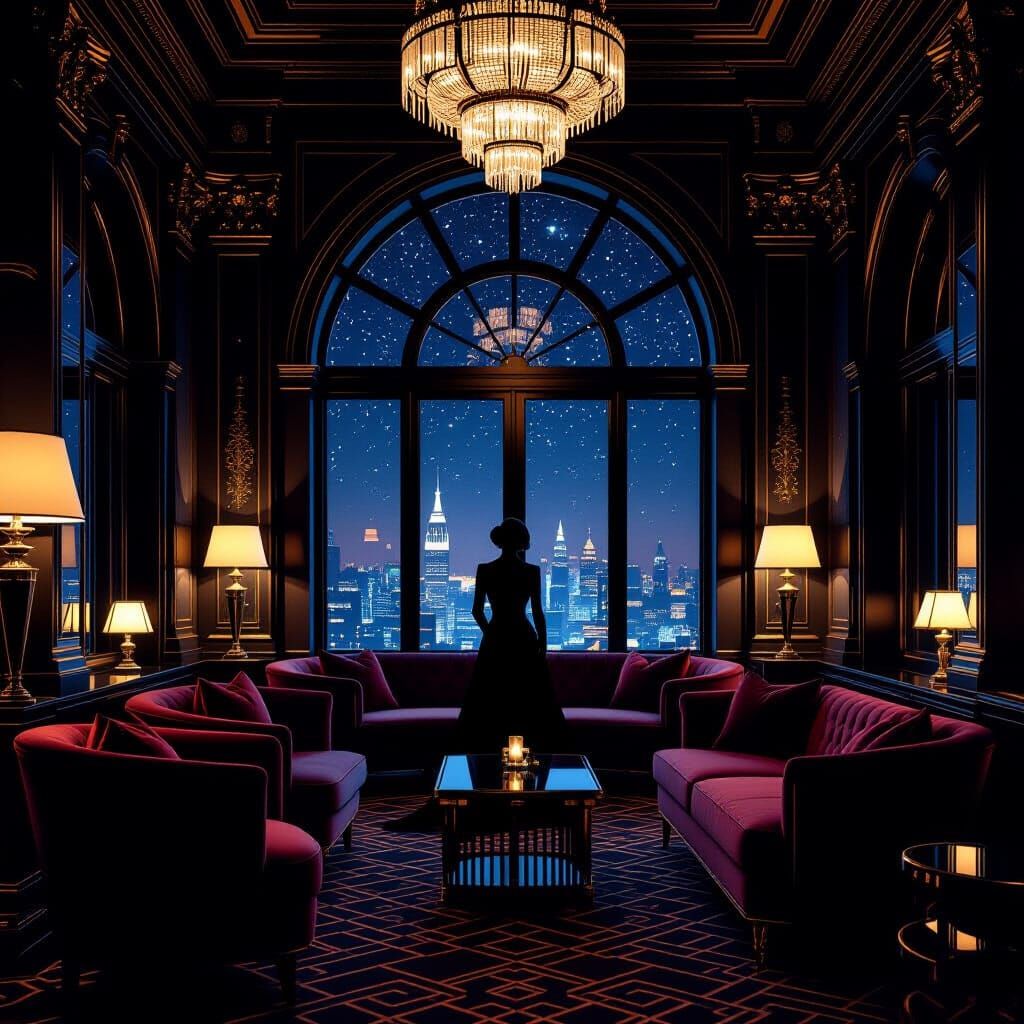 Opulent Art Deco Lounge with Starry Night View