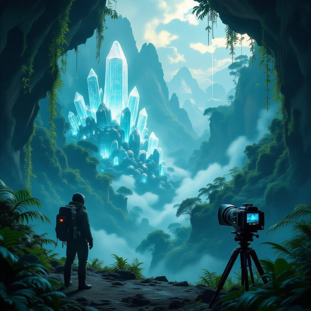 Explorer Overlooks Bioluminescent Alien Jungle, Cinematic Ph...
