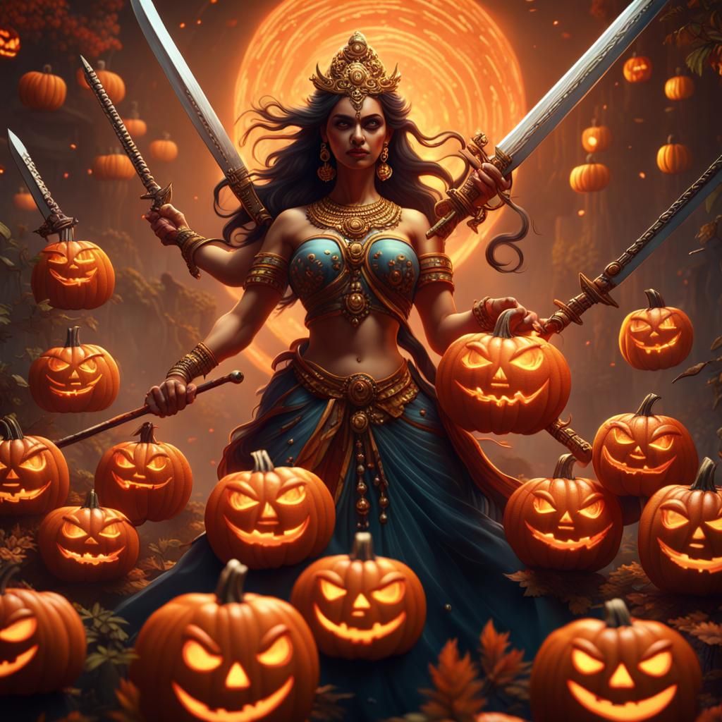 Goddess Durga Slices Jack-o'-Lanterns: Fantasy Concept Art