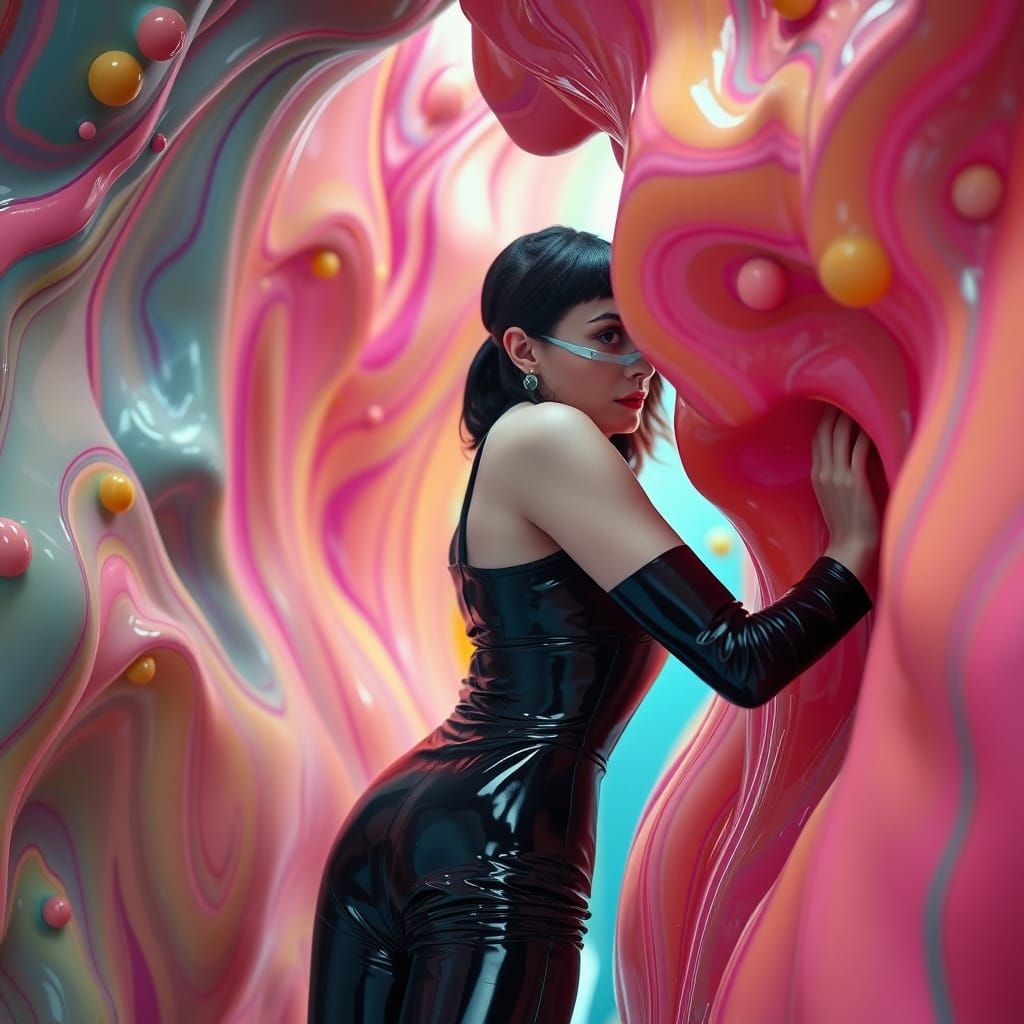 Woman Versus Latex Wall in Futuristic Style