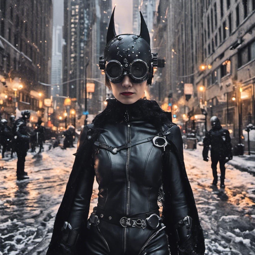 Gothic Batsuit Interface in Cyberpunk Cityscape
