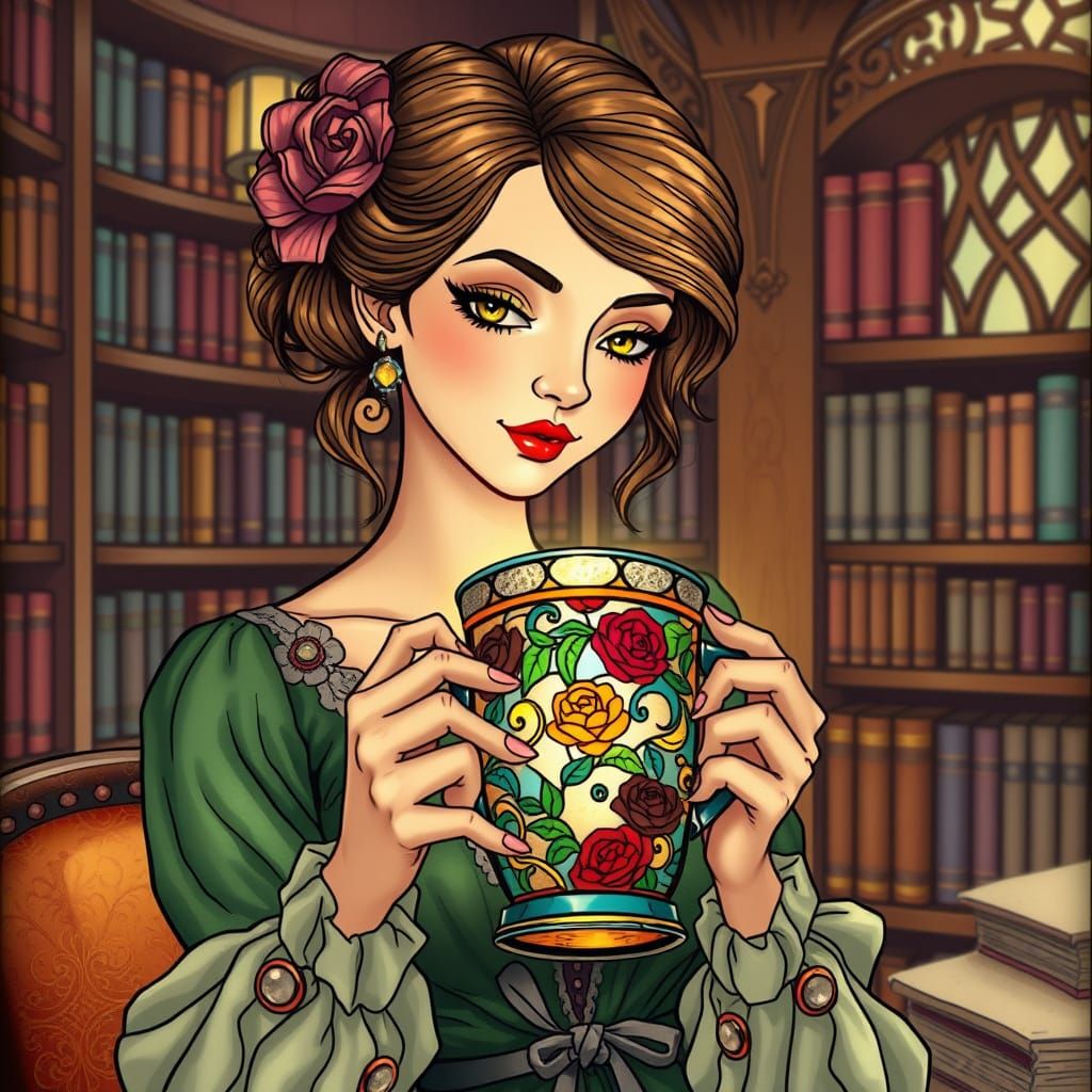 Ornate Stained Glass Mug in Art Nouveau Style