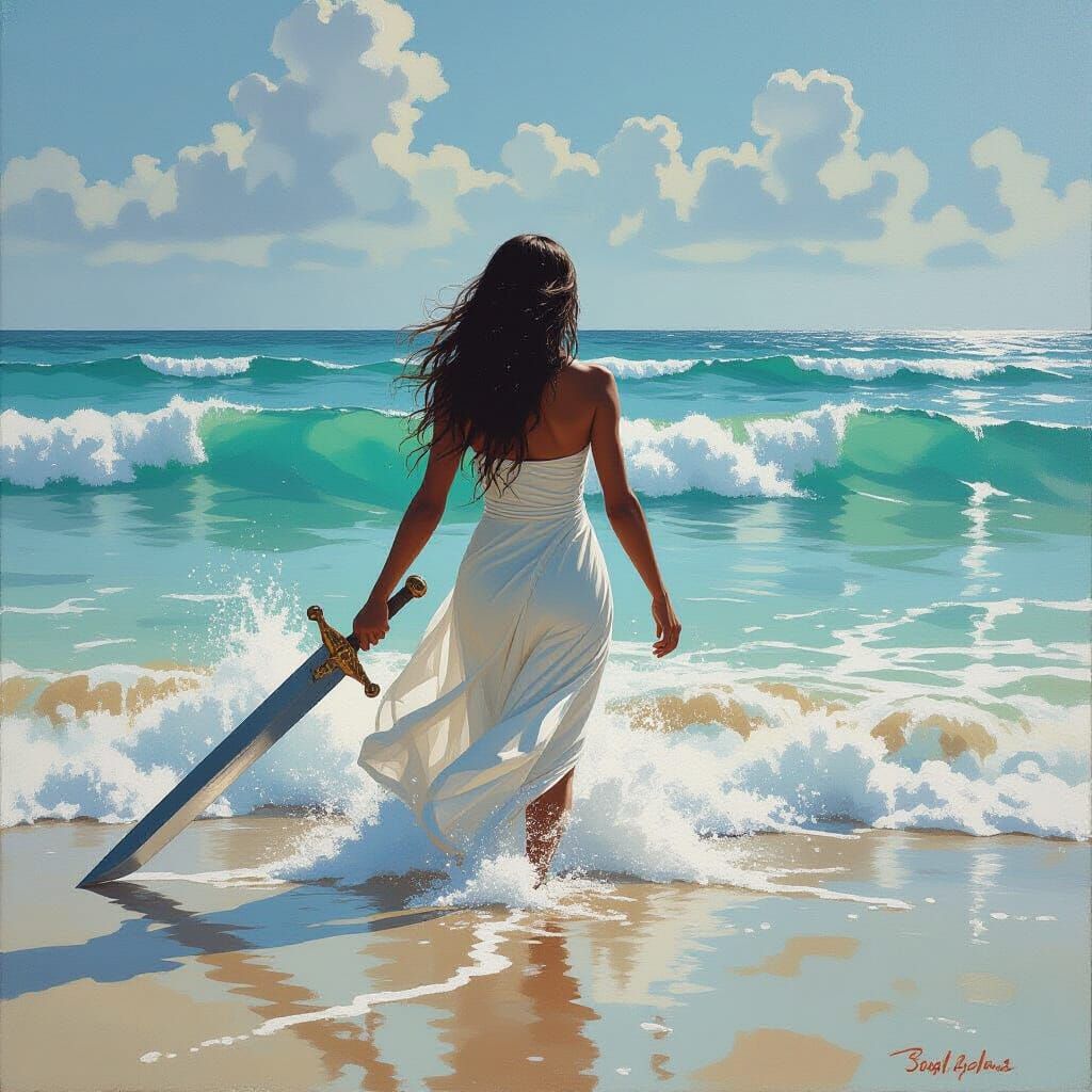 Woman Emerges From Ocean With Giant Sword in Gouache Style