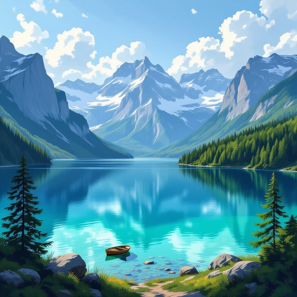 Serene Mountain Lake in Romantic Style