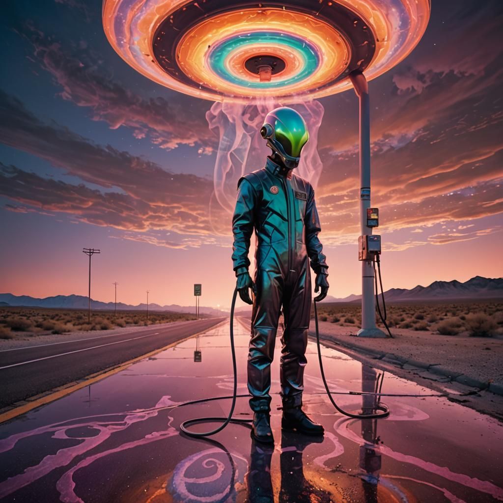Surreal Futuristic Landscape with Glowing Fuel Pump and Alie...