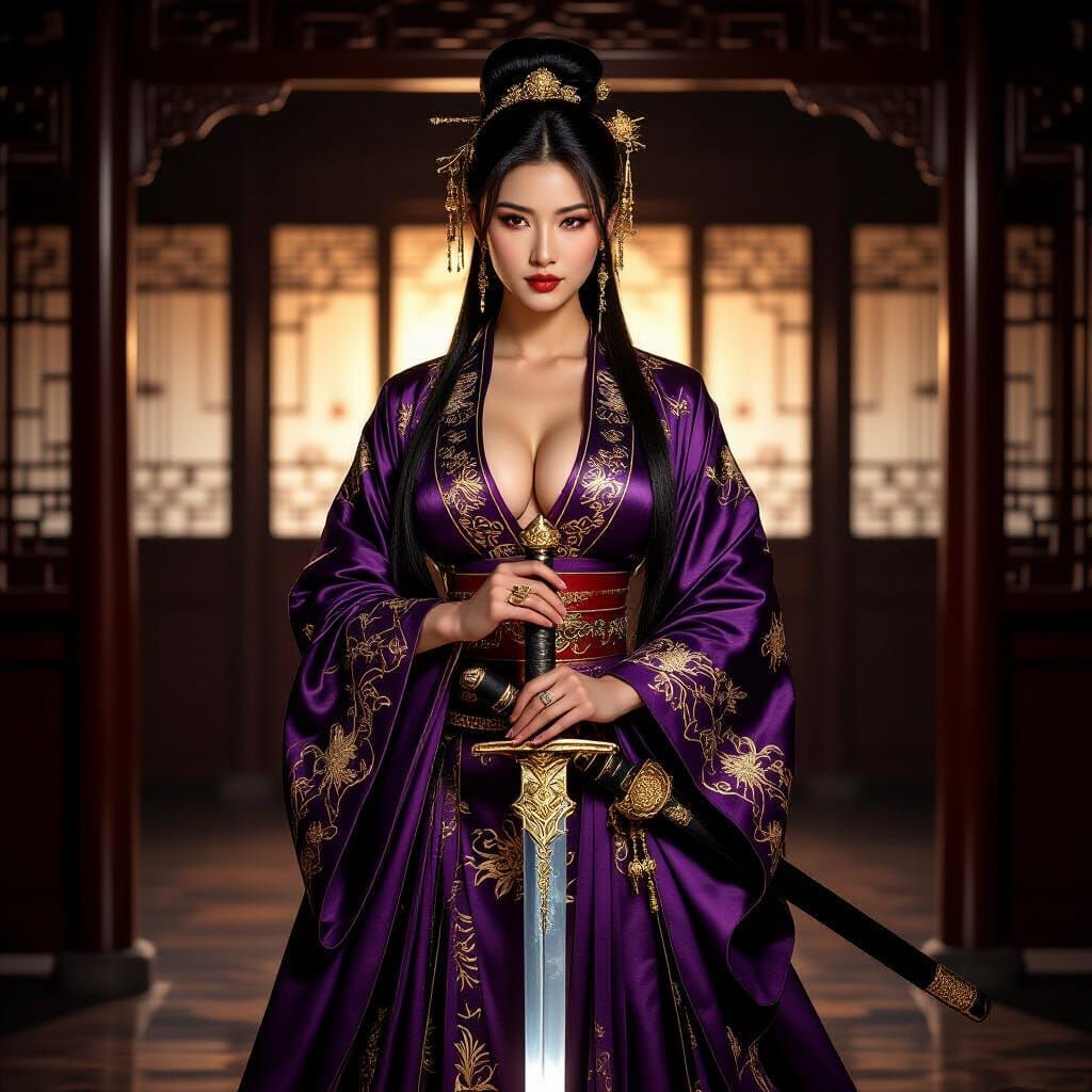 Majestic Asian Woman Guards Tang Dynasty Chamber