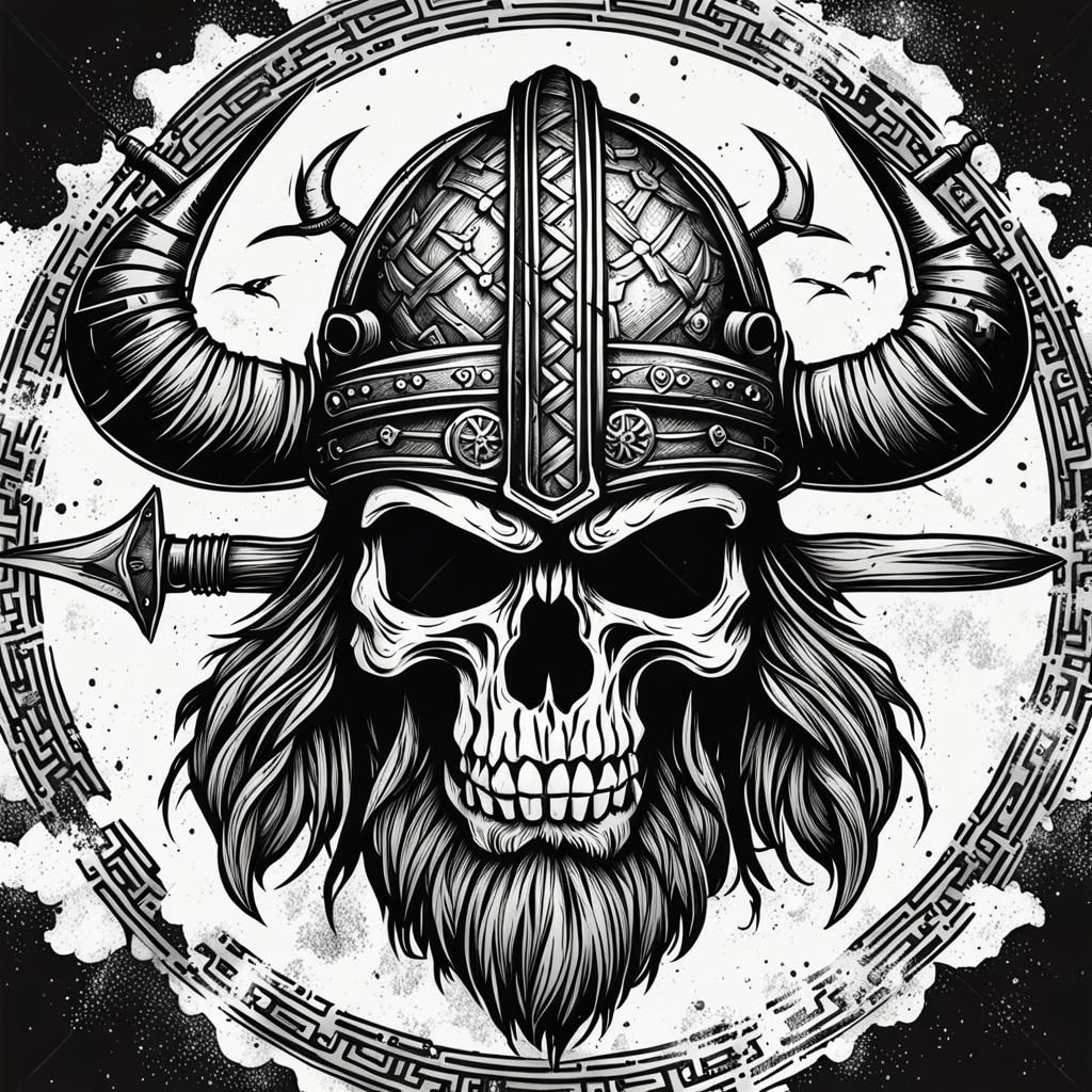Viking Skull Logo in Ink Drawing Style