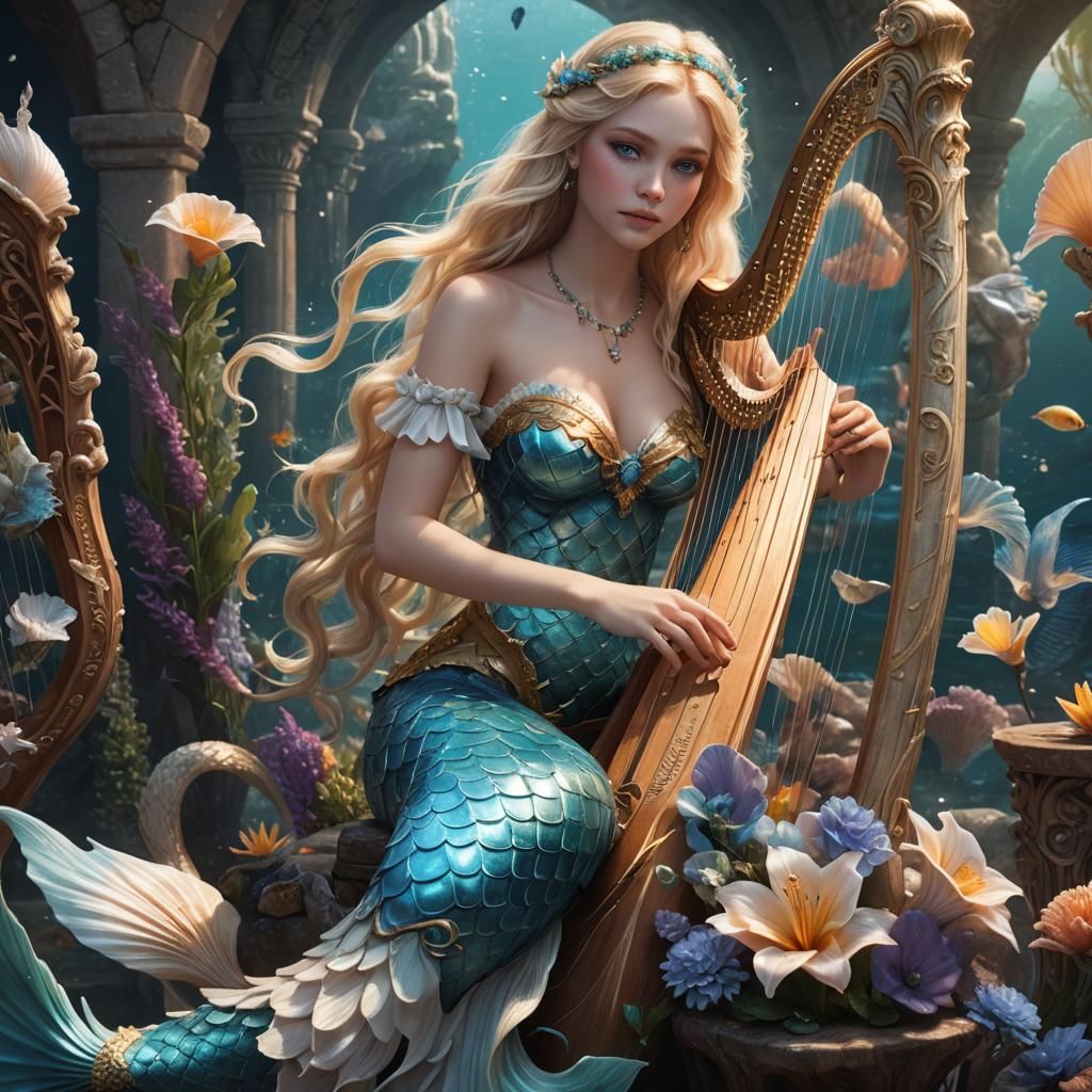 Beautiful Mermaid Playing Harp, Fantasy Concept Art