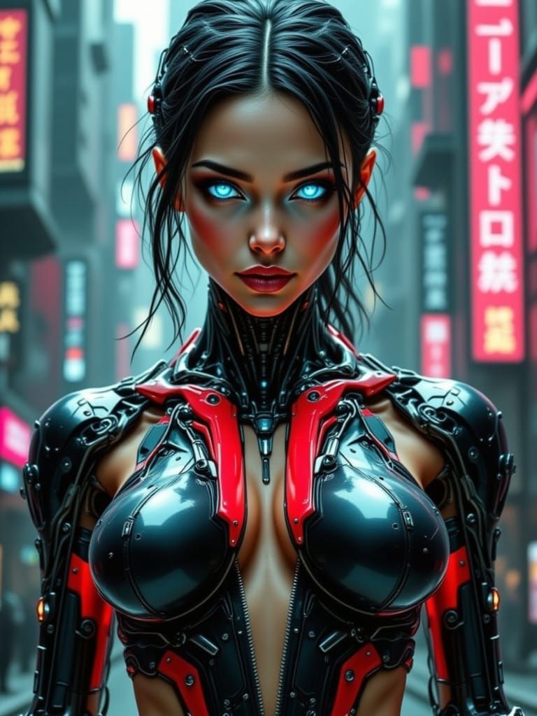 Cyberpunk Female Cyborg in Dystopian Cityscape