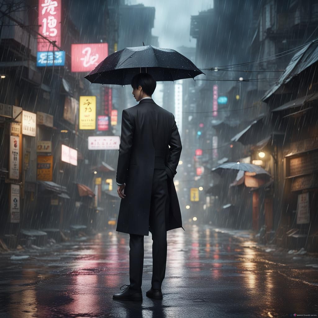 Korean Man in Tuxedo in Rainy Street, Digital Art