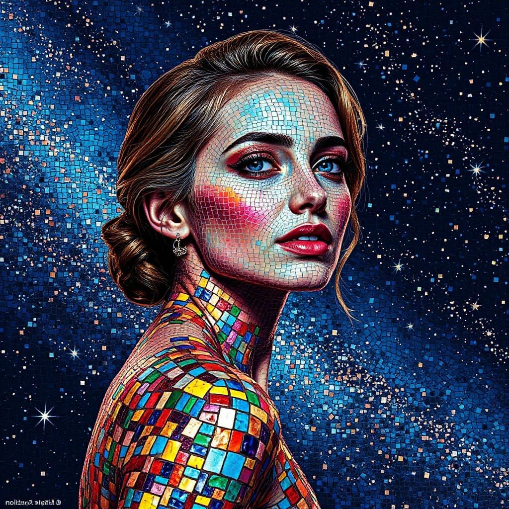 Iridescent Mosaic Woman Against Starry Night