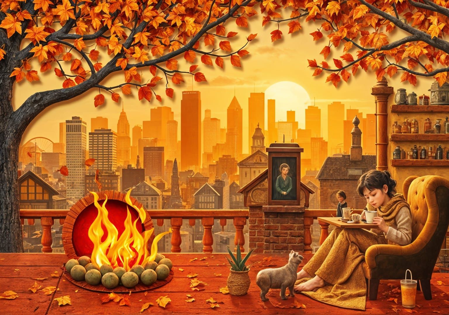 Autumn Cityscape in Paper Collage Style
