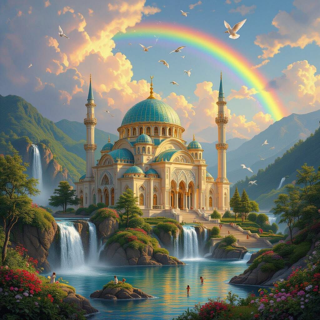Majestic Mosque Amidst Waterfalls and Rainbow Sky