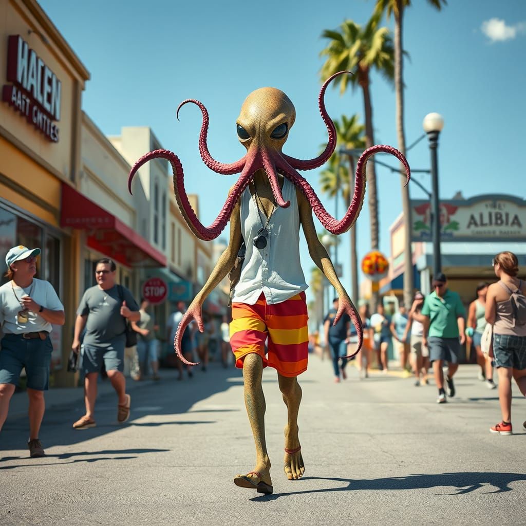 Vacationing Octopus Alien Saunters Down Main Street