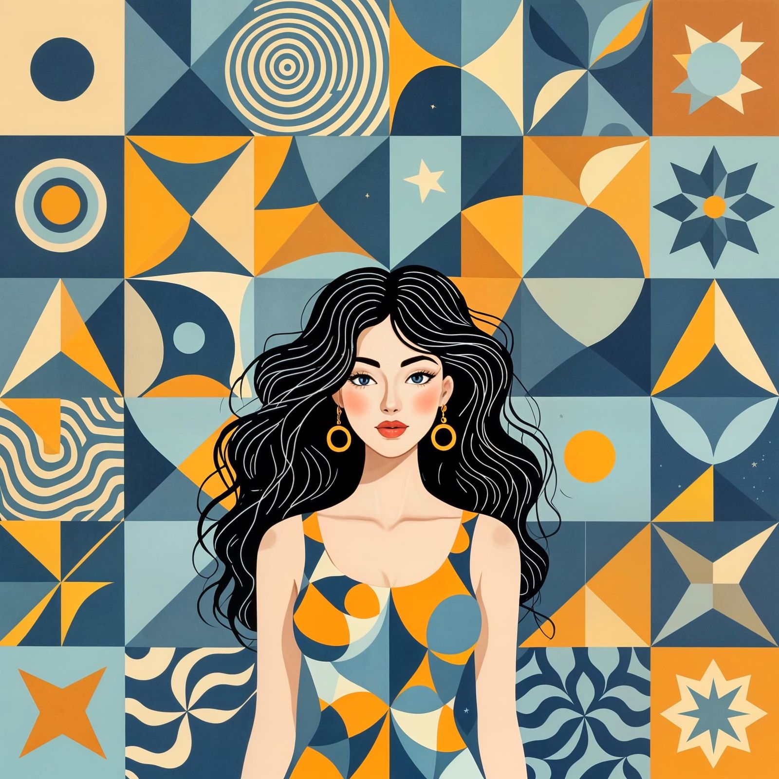 Woman in Blue Gown Amidst Abstract Geometric Art
