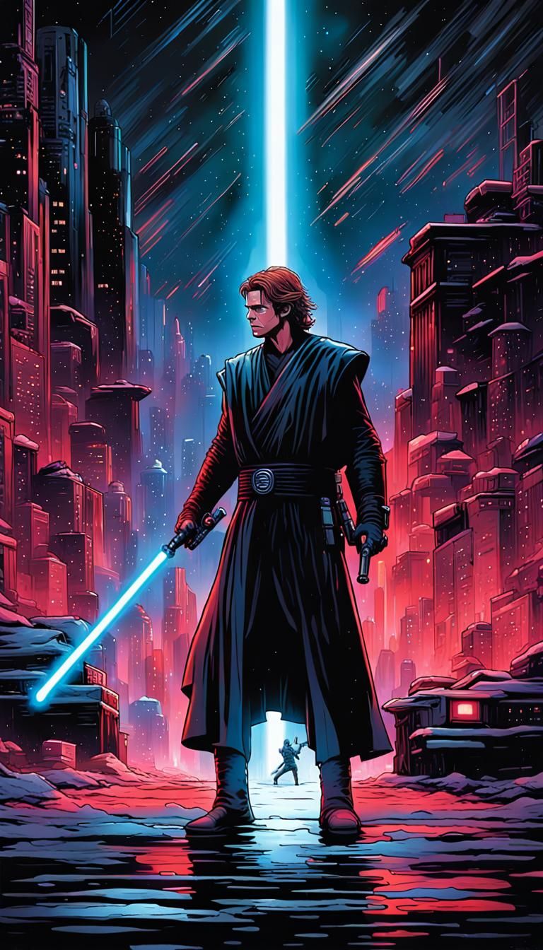 Cyberpunk Anakin Skywalker in Gritty Cityscape