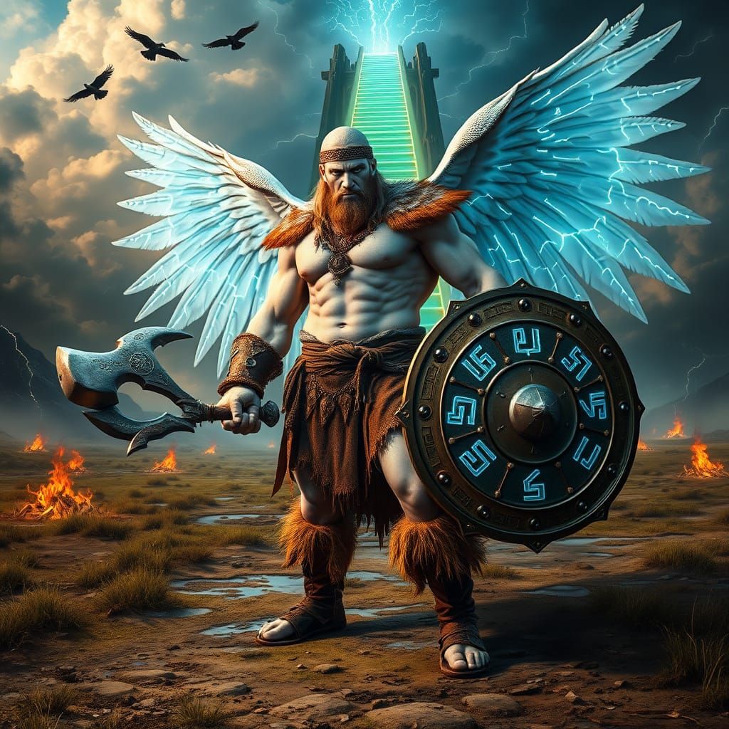Winged Barbarian on Battlefield in Photorealistic Style