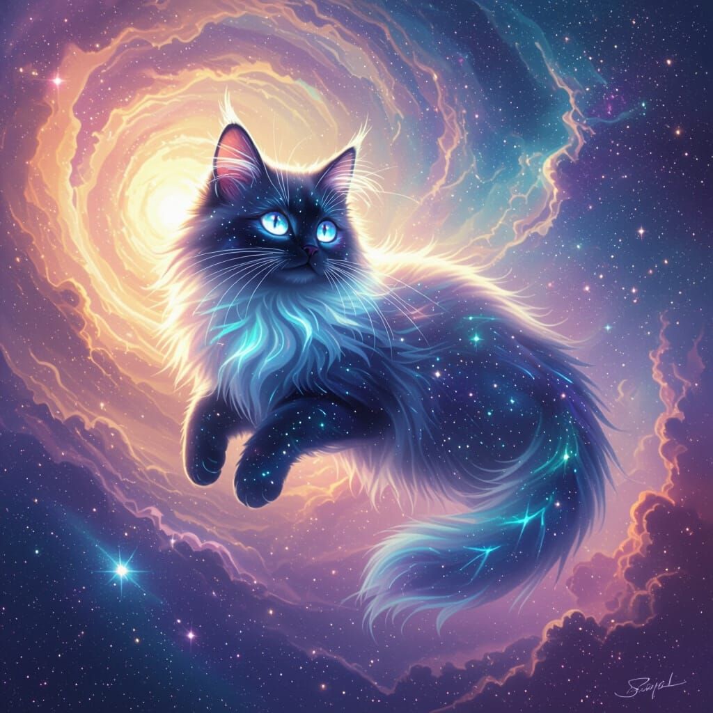 Mystical Space Cat Floating in Galaxy with Starry Fur