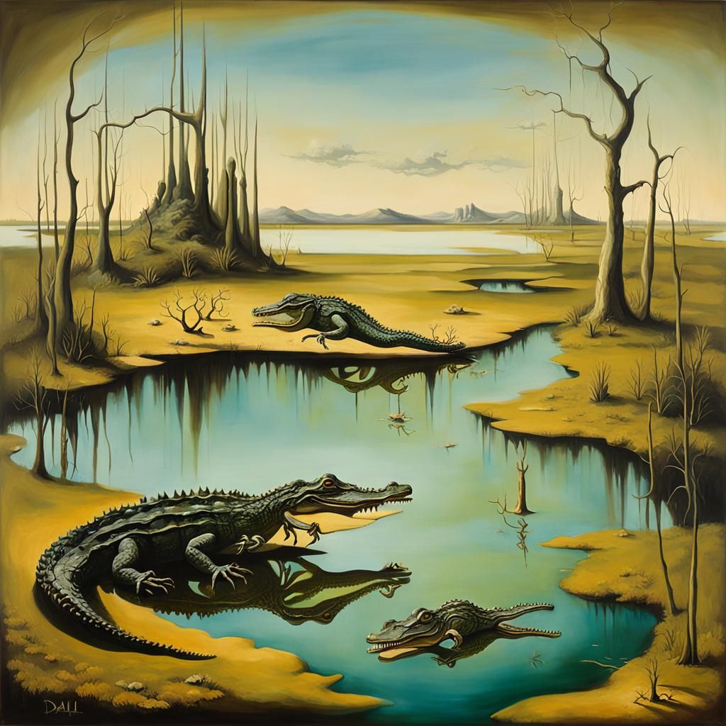 Surreal Alligator Lagoon in Dali-esque Oil Painting