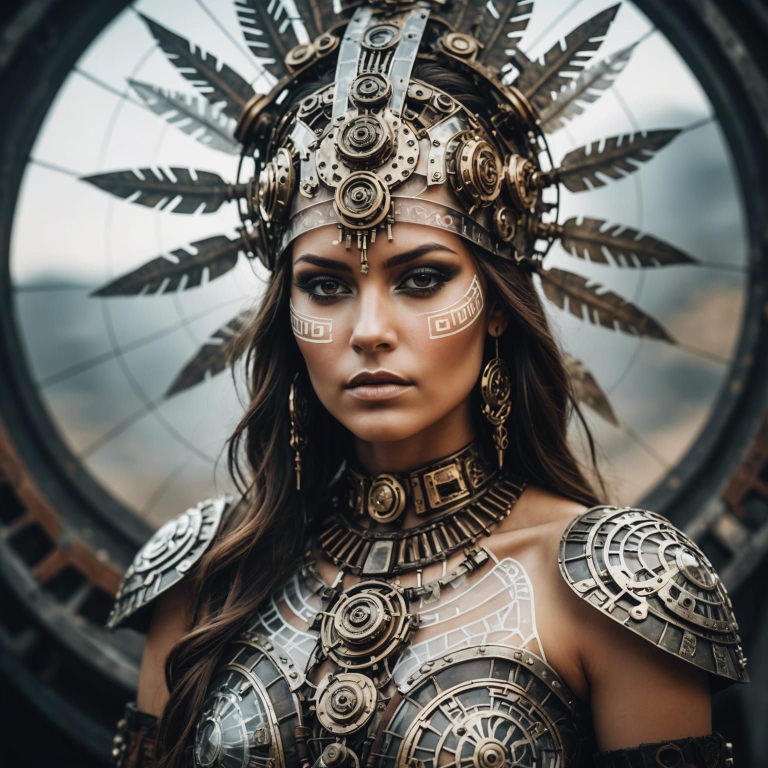 Aztec Steampunk Woman in Double Exposure