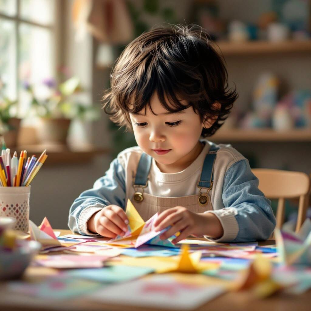 Dreamy Papercraft Scene of Child Playing Origami