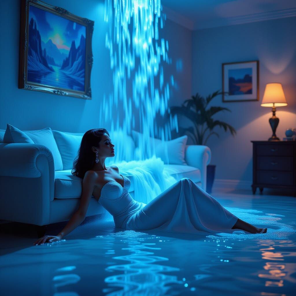 Surreal Blue Waterfall Flooding a Neon-Lit Cyberpunk Room