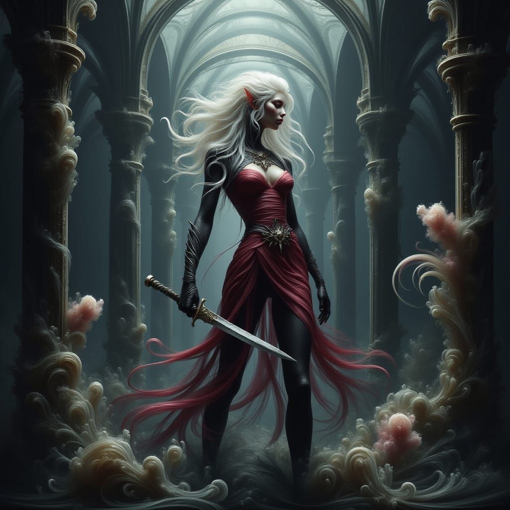 Drow Elf in Forgotten City, Fantasy Art Style