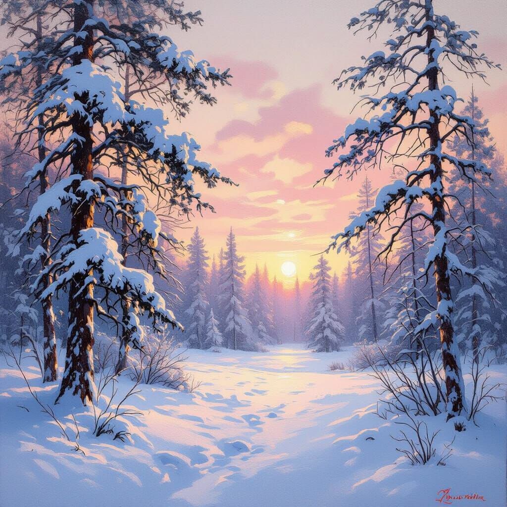 Winter Forest Sunrise Oil Painting with Snow-Laden Pines