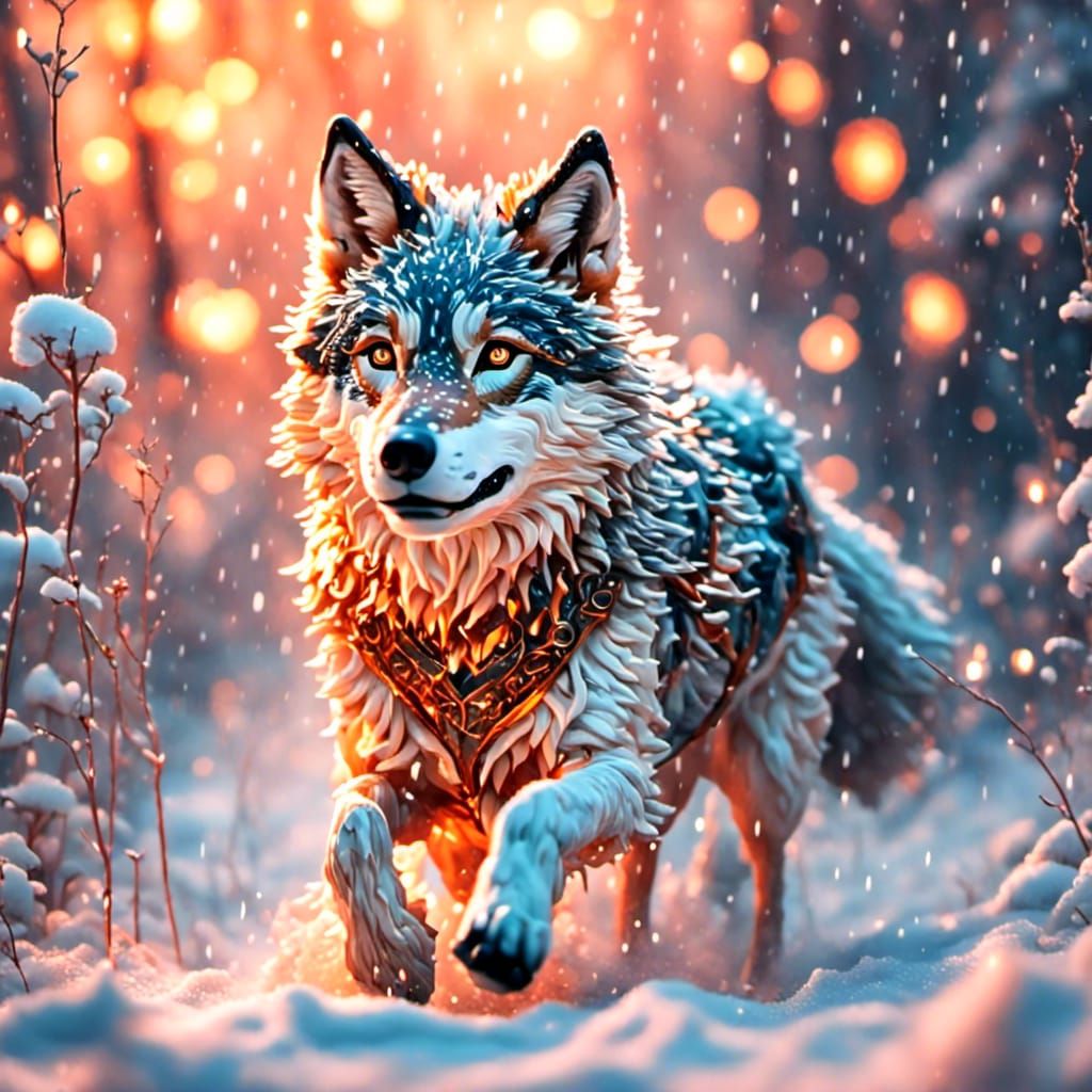 Wolf Running Through Fire in Hyper-Modernism Style