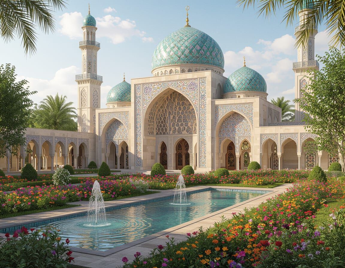 Islamic Palace in Lush Gardens with Geometric Patterns